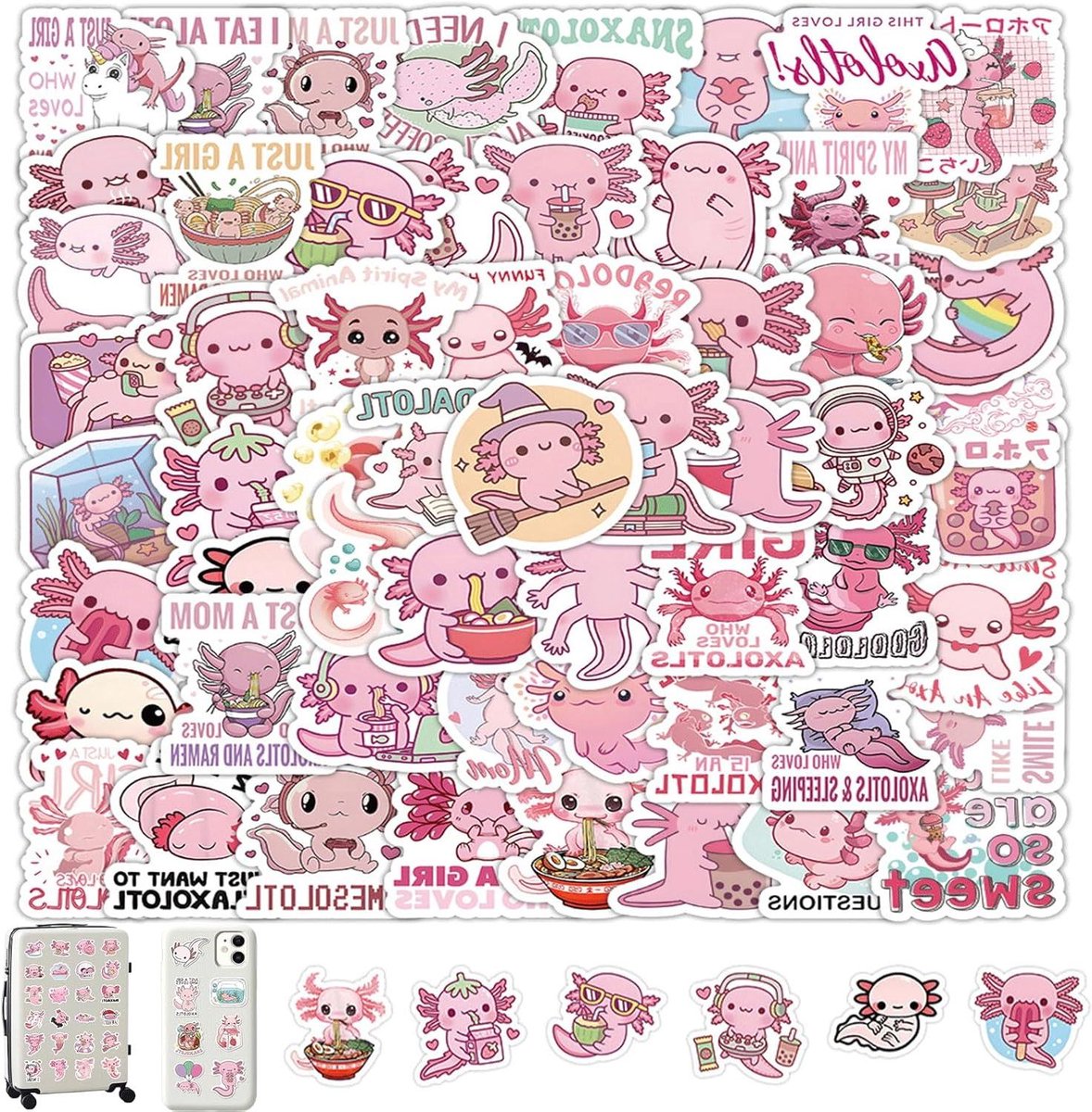 Zeynomax - Stickerset met 100 schattige Axolotl stickers voor kinderen en fans - Axolotl speelgoed - Pluche dier voor laptop, koffer, helm