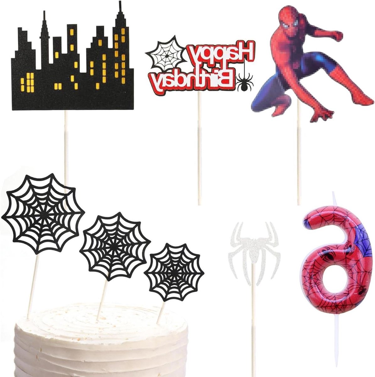 Zeynomax - Verjaardagskaars 6 jaar Spider-Themed Birthday Decoratie Taartkaarsen