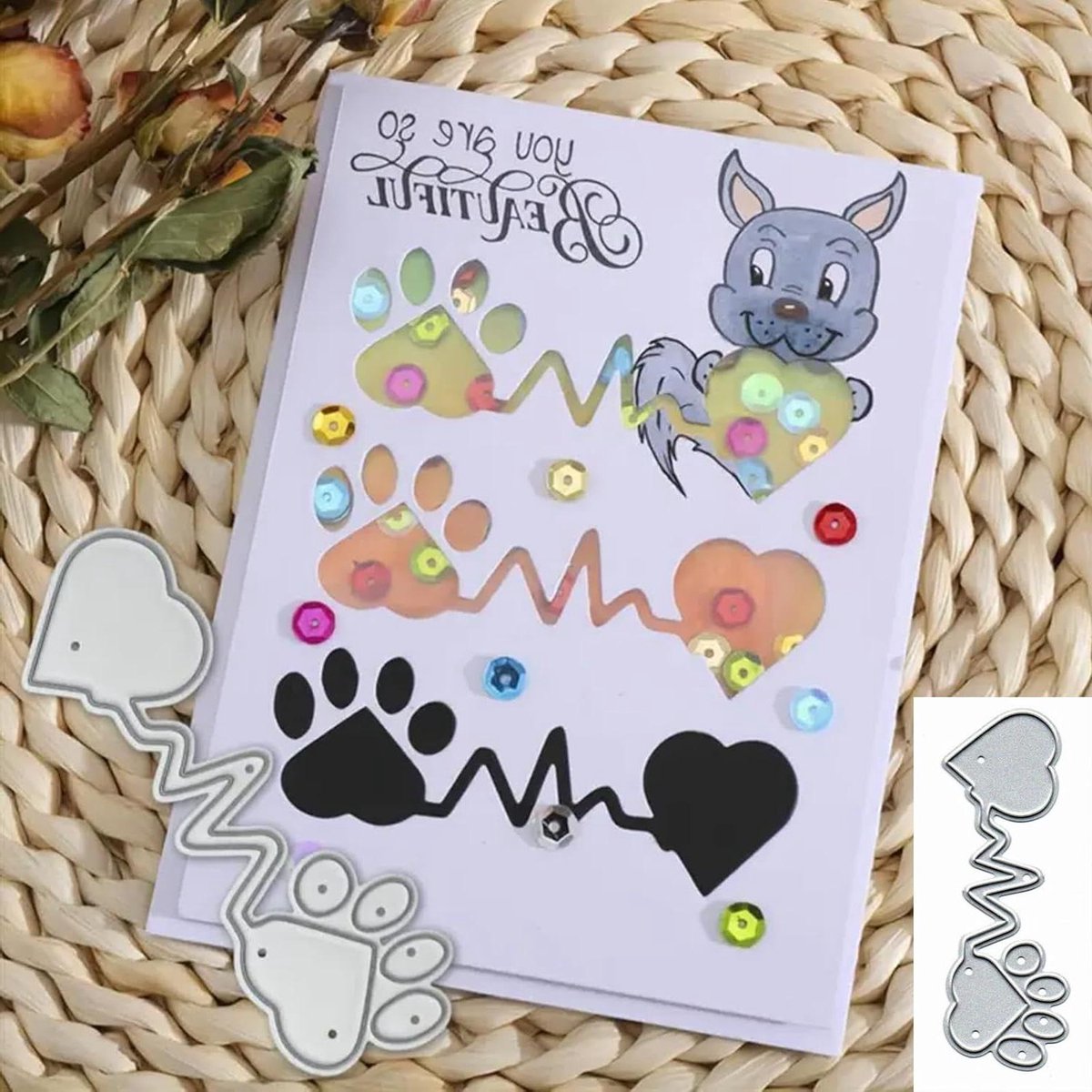Zeynomax - Vrolijke Kerstfeest Wenskaart Hond Poot Print Metalen Stencil voor Scrapbooking en Kaart Maken met Zonnebloem en Blad Ontwerp