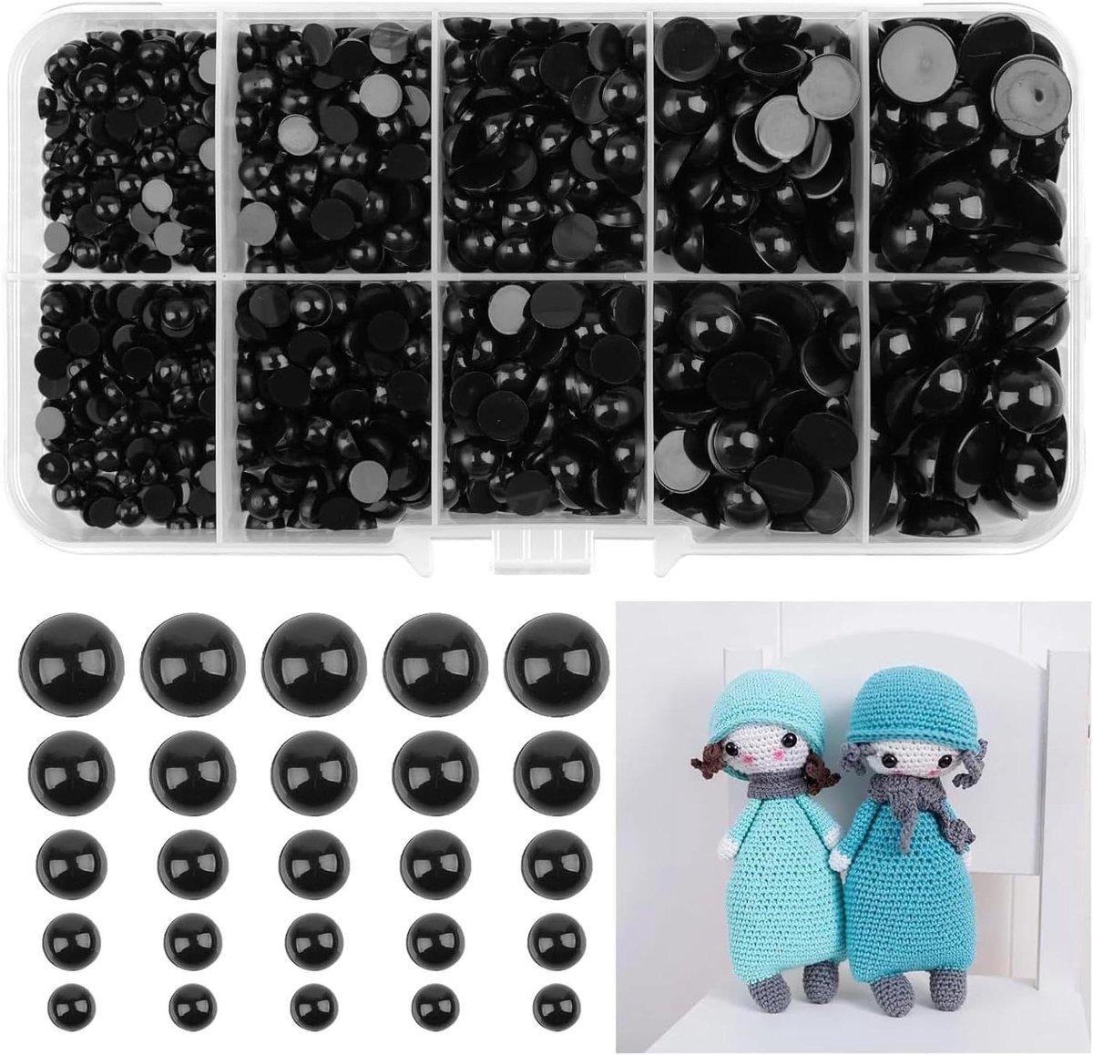   - Zwart halfronde kralen voor poppenogen - Assortiment 4/5/6/8/10 mm - DIY beer en poppen maken - Pluche dierspeelgoed - 760 stuks