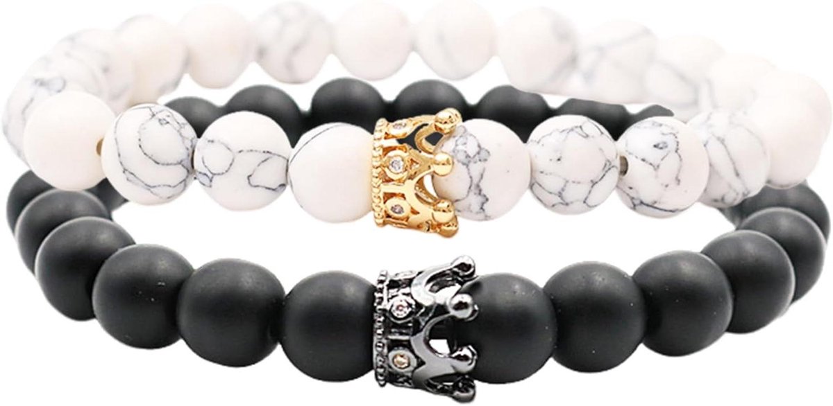Zwarte en Witte Natuursteen Armbanden Set - Handgemaakt - 8mm - Unisex - Vriendschap - 2 Stuks
