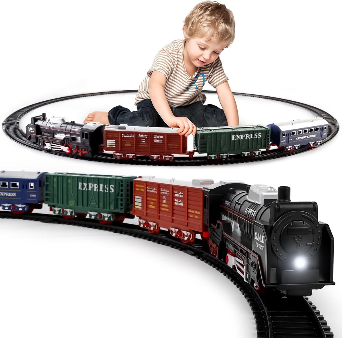 Vintage Train - Classic Locomotief trein - 23-deli set - chook chook Speelgoedtrein met Rails – 104.5x68cm railbaan - met Licht