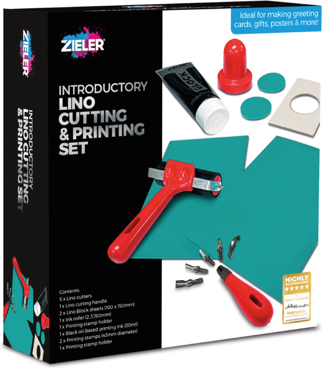 Linoleum Starterset van Zieler - 14 delig - Lino Snij & Print Set - Inclusief Platen, Gutsen & Roller