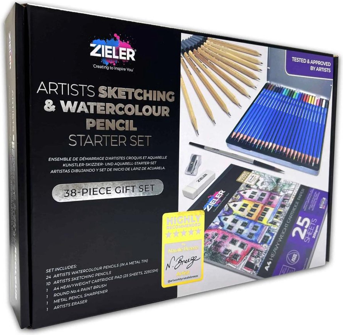 Zieler Aquarel- & Schetspotloden Set - 38 Delig - 24 Aquarelpotloden & 10 Schetspotloden H6 t/m 8B - A4 Schetsboek - Met Accessoires