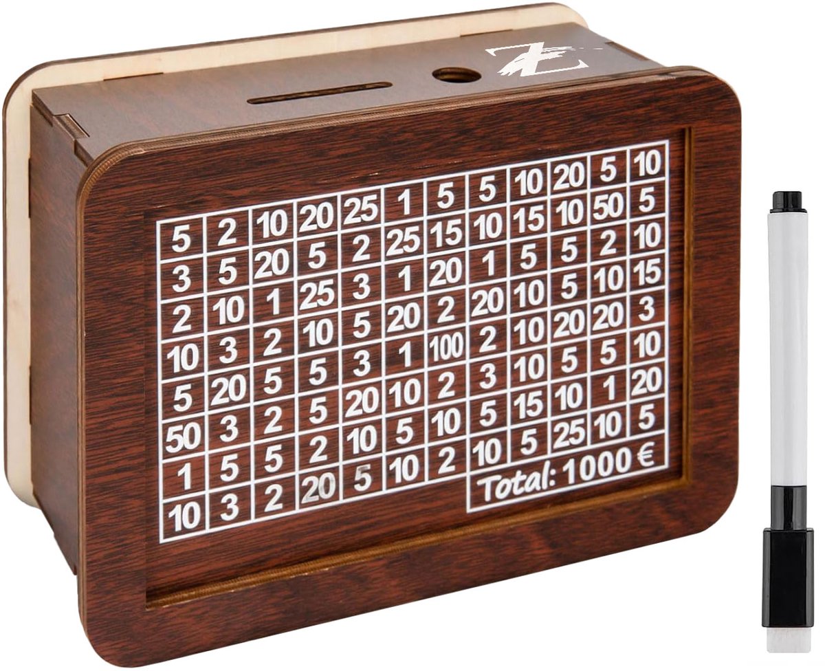 ZoeZo - Houten spaarpot - Doel €1000 - Aftel spaar pot - Bereik je spaardoel - Unieke methode - Streep af wat je erin gooit - Spaarpotten - Herbruikbaar - Sparen - Cadeau - Tip