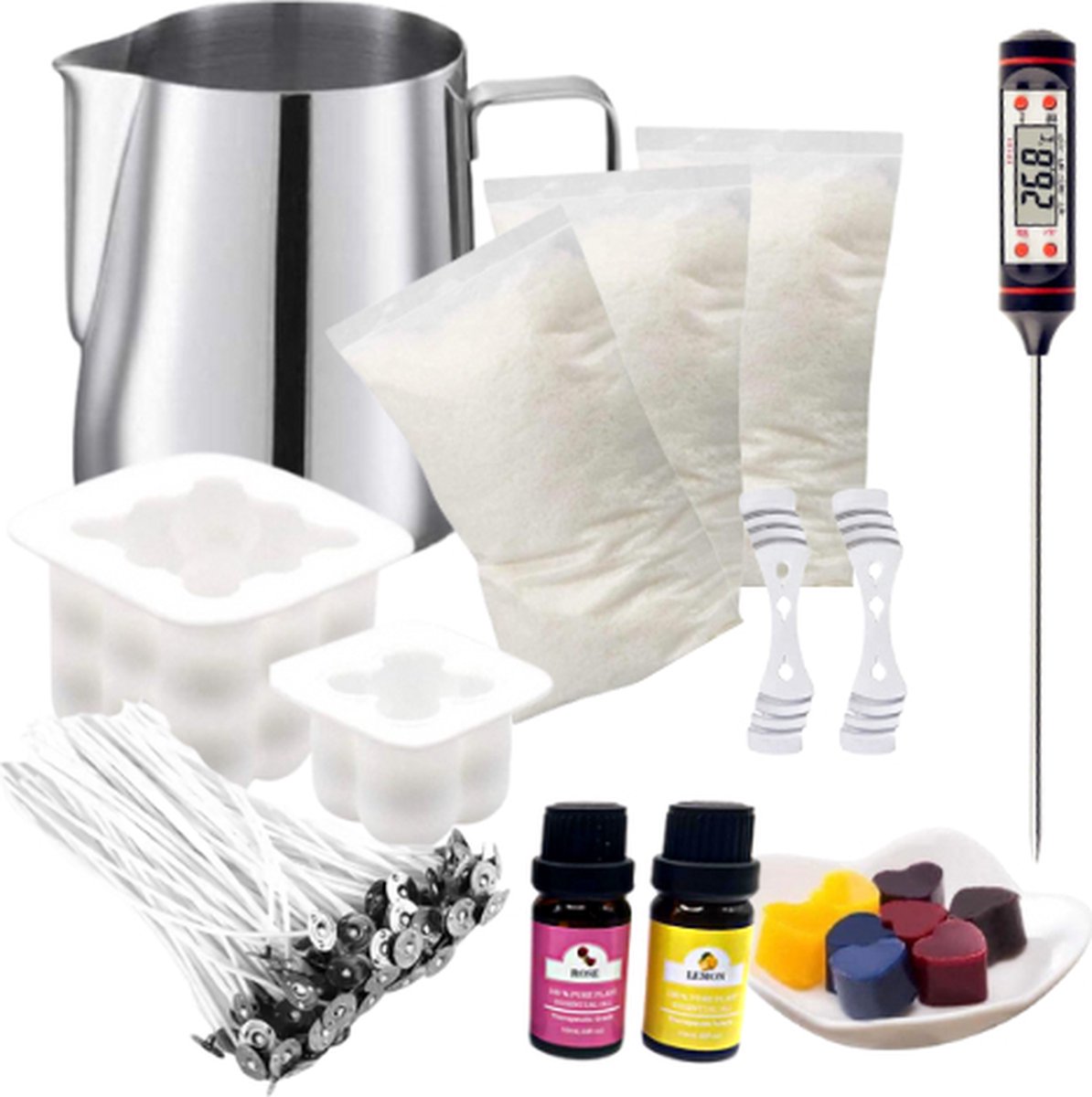ZoeZo - Kaarsen maken starters set - L set - Perfect voor beginners - Zelf kaars maken - Hobby en creatief - incl. kubus kaars mal groot en klein - Candle making kit - Lonten - Geurolie - Gietvorm - Paraffine wax - Starterspakket