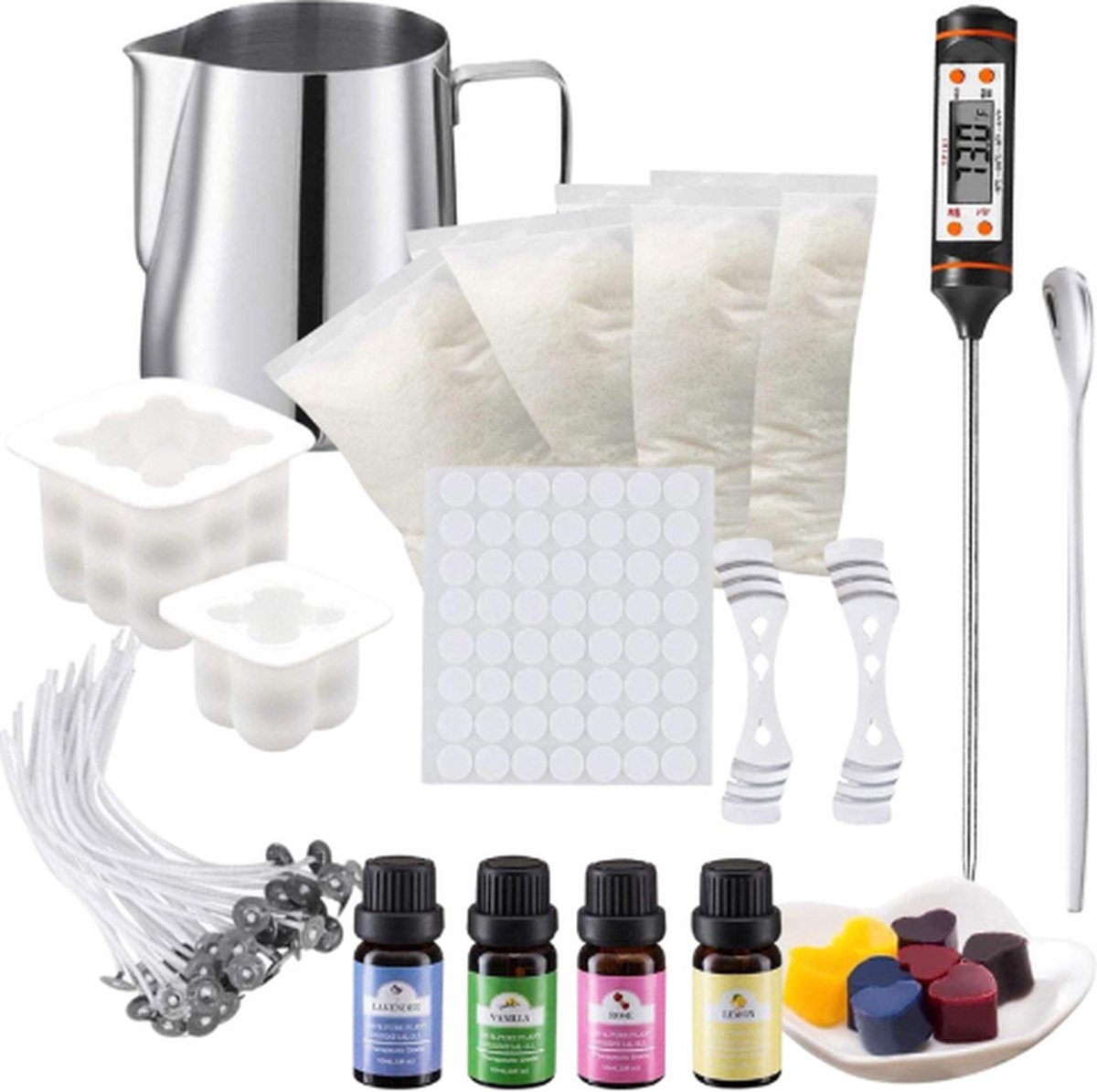 ZoeZo - Kaarsen maken starters set - XL set - Perfect voor beginners - Zelf kaars maken - Hobby en creatief - incl. kubus kaars mal groot en klein - Candle making kit - Lonten - Geurolie - Gietvorm - Paraffine wax - Starterspakket