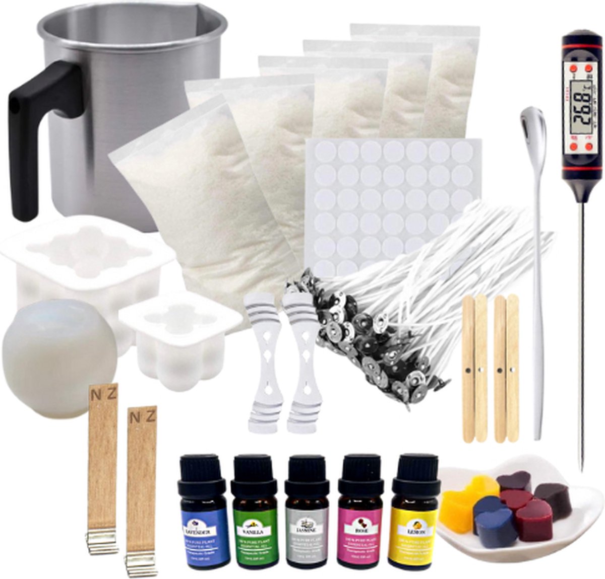 ZoeZo - Kaarsen maken starters set - XXL set - Perfect voor beginners - Zelf kaars maken - Hobby en creatief - incl. kubus kaars mal groot en klein - Candle making kit - Lonten - Geurolie - Gietvorm - Paraffine wax - Starterspakket