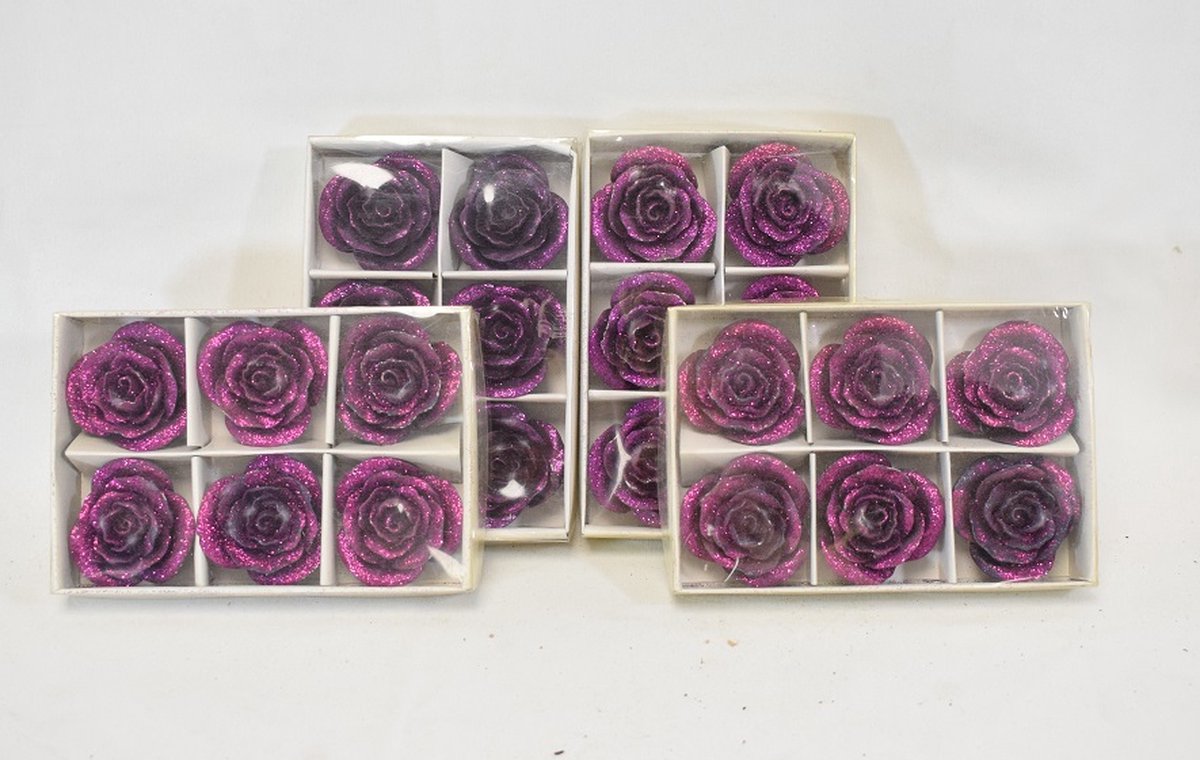 ZoeZo Design - 36 stuks - 6 doosjes van 6 stuks - decoratie - roosjes - roos - per stuk Ø 4 cm - pink - paars - glitter - hard kunststof - knutsel materiaal - decoratie materiaal