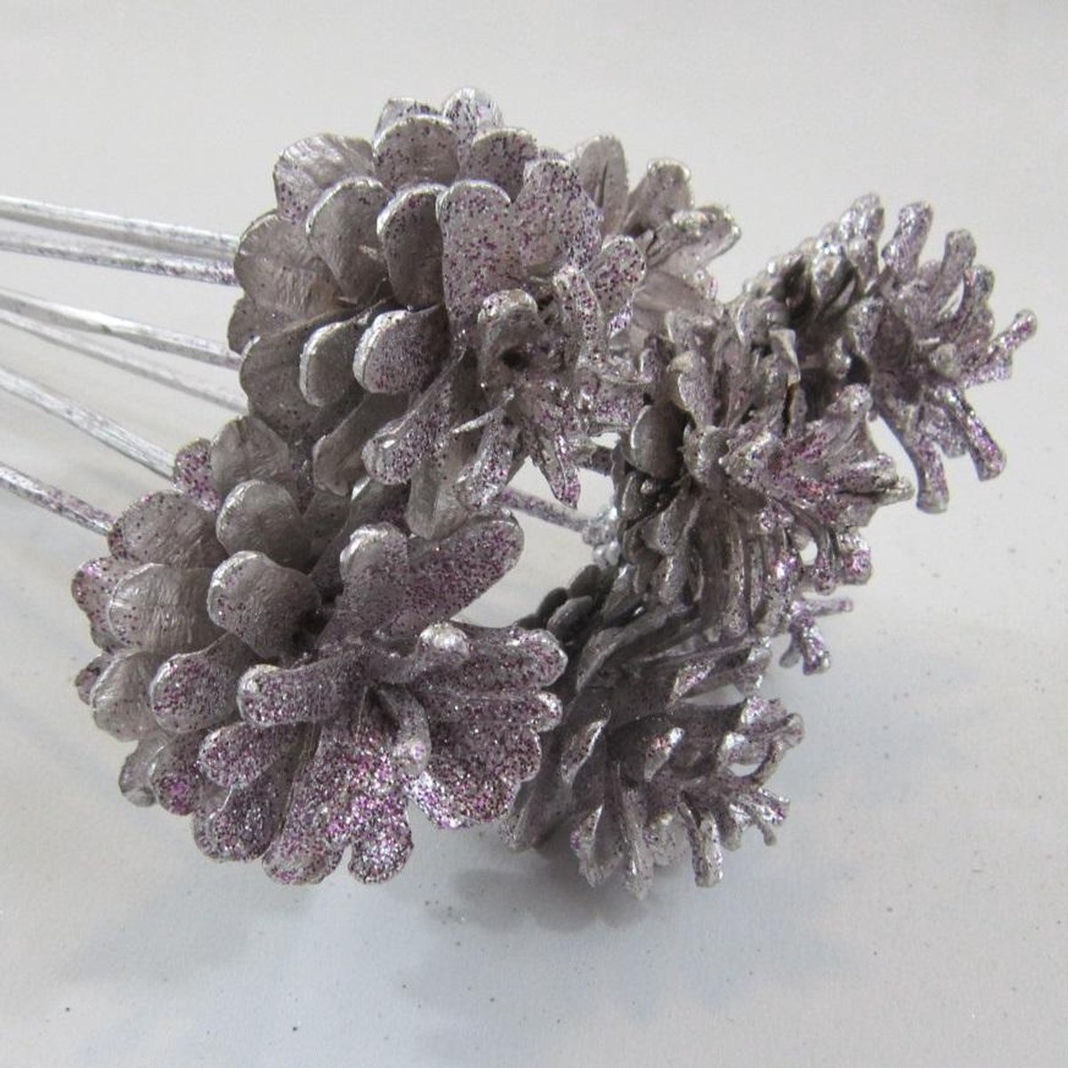 ZoeZo Design - Bijstekers - 7 stuks - droogbloemen - plantensteker - lengte 51 cm - hout - dennenappels - zilver - roze - glitter