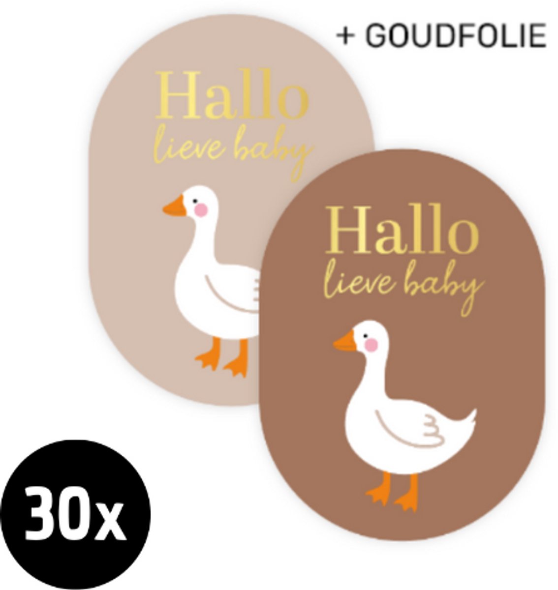 30x Sluitsticker Hallo lieve baby + goose - goudfolie - ZOETTT - 43x59mm - Ovaal - Baby nieuws - Zwangerschap - Sluitzegel geboortekaartje - Geboorte sticker - Luxe sluitzegel