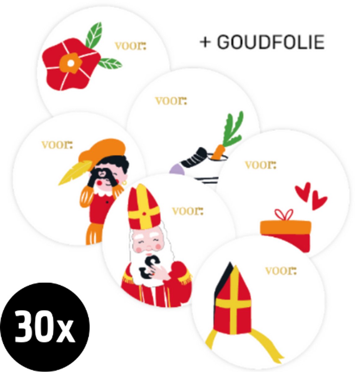30x ZOETTT Sint en piet cartoon naametiketten - Wit/goudfolie - 6 designs - 50 mm - Naametiketten - Sinterklaas etiketten - Sinterklaas - Pakjesavond - Sinterklaas stickers naam