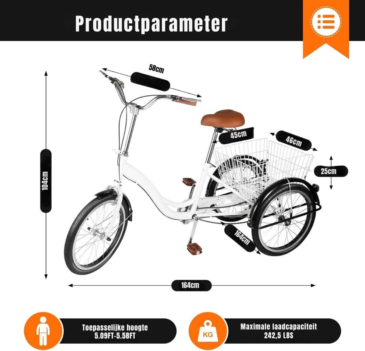 Zylo® Driewieler Volwassenen - Geschikt voor Volwassenen - Inclusief Fiestmand - 20 Inch - 3 Wielen - 165x65x105cm - Wit