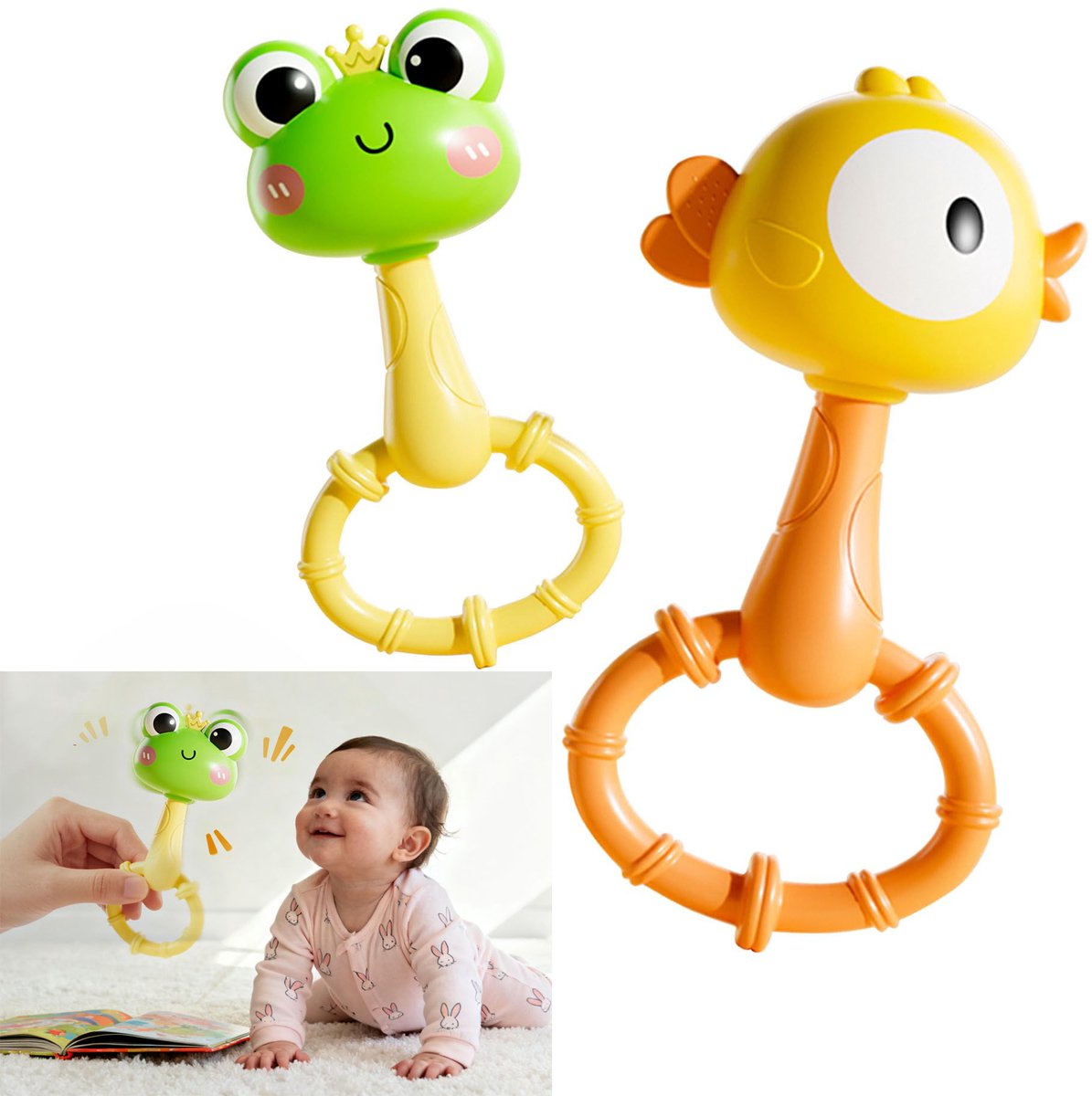 2 stuks set met bijtring en rammelaar – Gemakkelijk vast te pakken bijtrammelaar voor babys – Verzachtend bijtspeelgoed – Sensorisch speelgoed voor babys van 3 tot 24 maanden (jongens en meisjes)