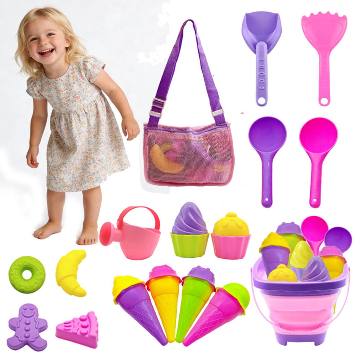 Opvouwbare strandspeelgoedset - Opvouwbare zandemmer en schepjesset met netzak en zandvormpjes, ijsjesvormig reiszandspeelgoed voor op het strand, zandbakspeelgoed voor peuters en kinderen van 3-10 jaar