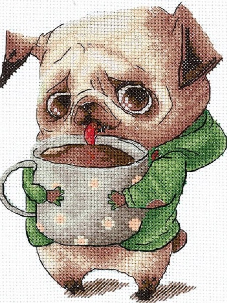 Borduurpakket Andriana - Coffee Lovers: Pug - Koffiegenieters: Pughond - telpatroon om zelf te borduren