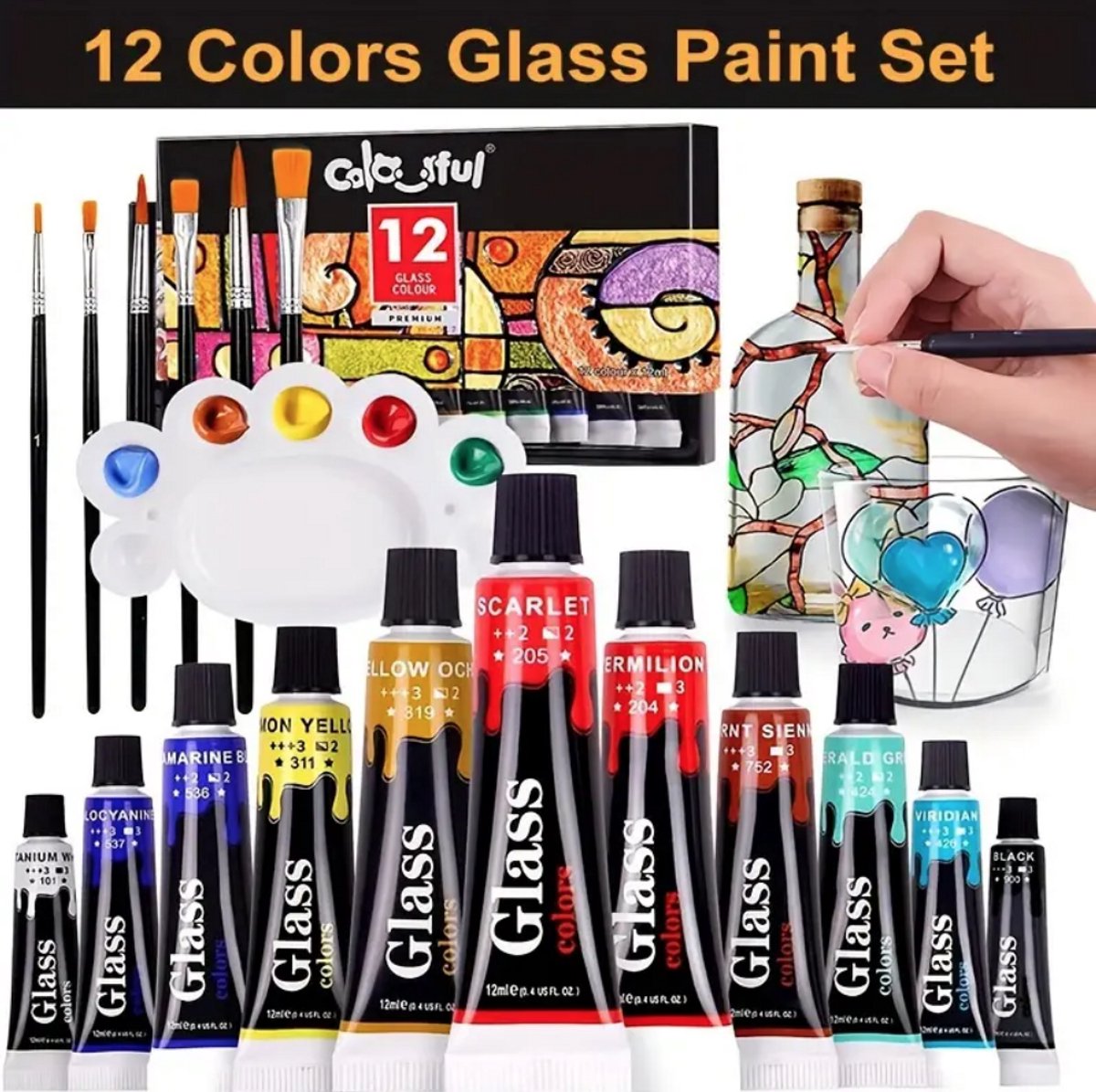 12x12ml Sneldrogende Glasverf Set – Met 6 Penselen & 1 Palet – Waterdichte Transparante Verf voor Glas, Porselein & Keramiek Creatief Schilderen voor Hobby & DIY