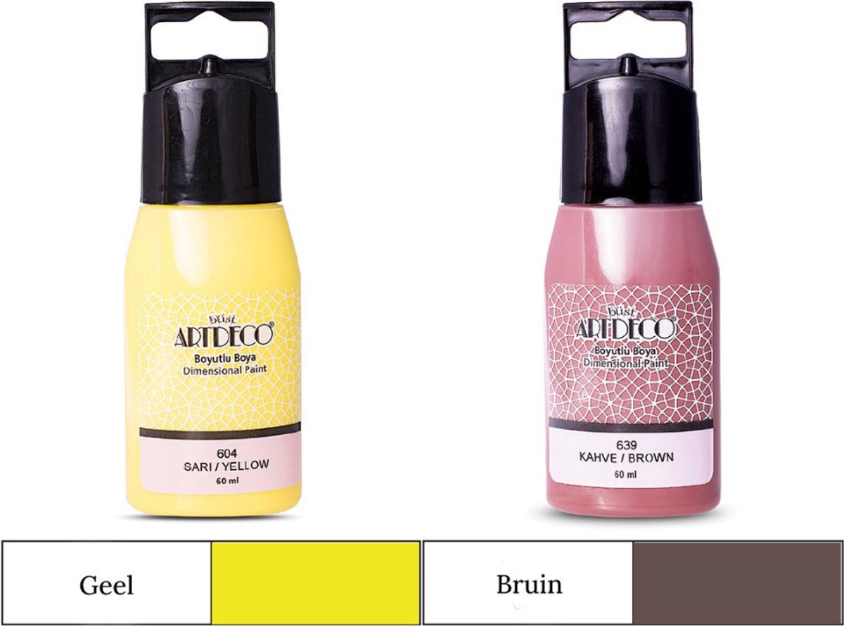 Artdeco 3D Dimensionale Verf Set – 2x50 ml – Geel & Bruin – Geschikt voor Stof, Glas, Keramiek, Karton, Metaal, Papier & Steen – 3D Liner Textuur- en Reliëfschilderen Dimensional Paint