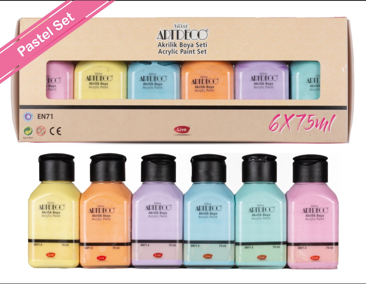 Artdeco Acrylverfset - 6 pastelkleuren x 75 ml, zachte en elegante tinten voor creatieve kunstprojecten , Glasverf, houtverf, keramiekverf, DIY Projecten