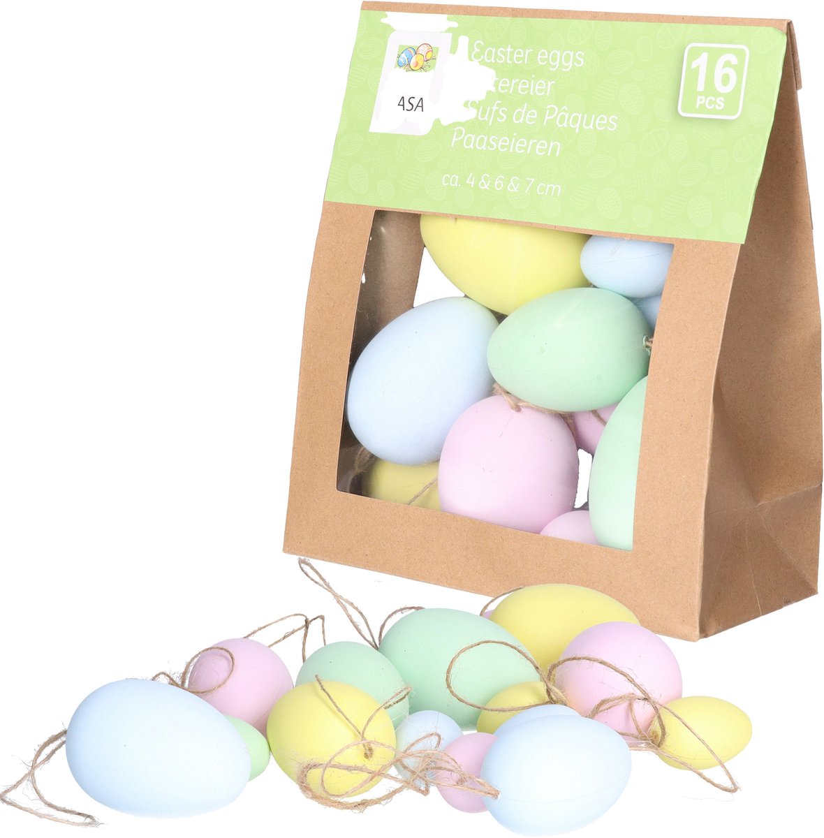 Arti Casa Paaseieren hangdecoraties - pastel mix - 48x stuks - 4/6/7 cm - plastic - Pasen versiering - met touwtjes