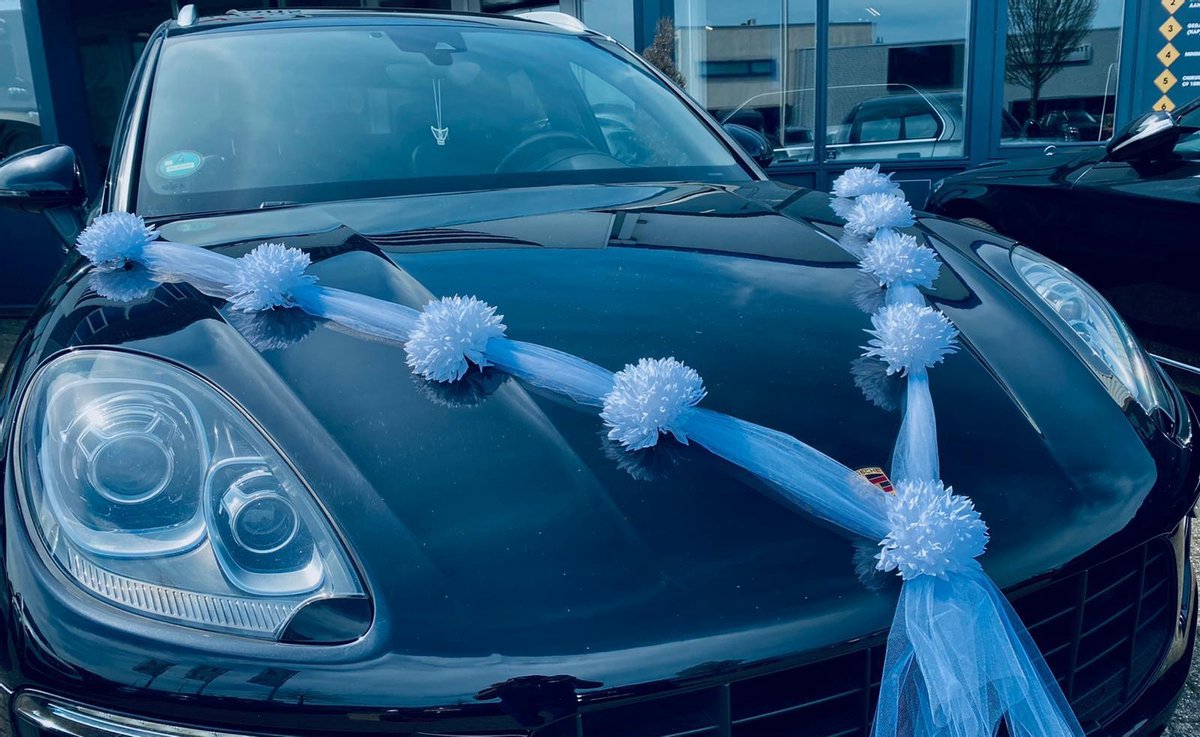 Autodeco.nl -ESTELA Auto Versiering Bruiloft - Trouwauto Decoratie - Autodecoratie - Witte Bloemen & Tule - Motorkap Versiering - Autobloemstuk Bruiloft - Bloemen op de Auto - Bloemen op de Motorkap - Tule Lint met 9 Bloemen - Autolinten