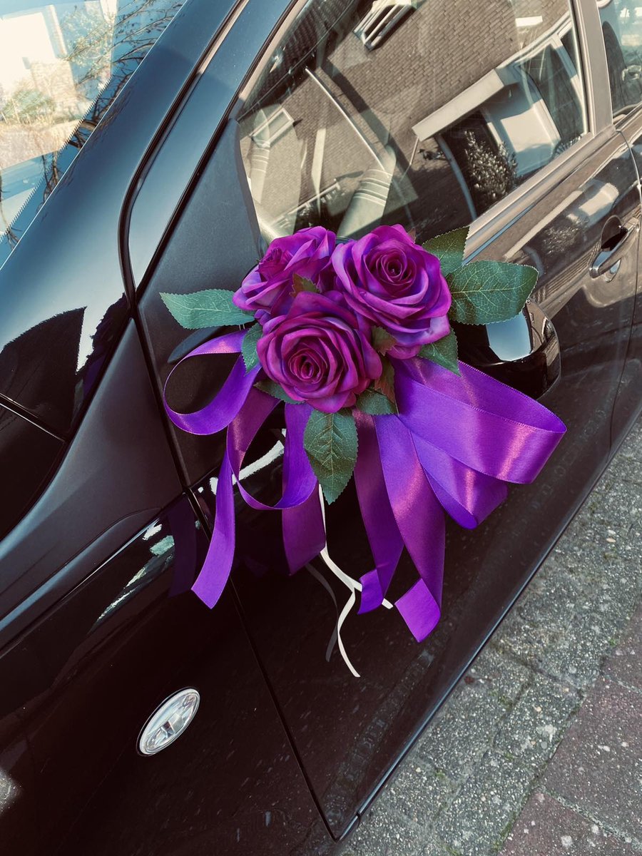 MIA DONKER PAARS  Trouwauto Versiering Parse Rozen met Linten - Bloemen op de Auto Bruiloft - Buitenspiegels Decoratie - Trouwerij/ Huwelijk/Bruiloft Decoratie/ Versiering Spiegel Auto/ Autoversiering voor Volgautos