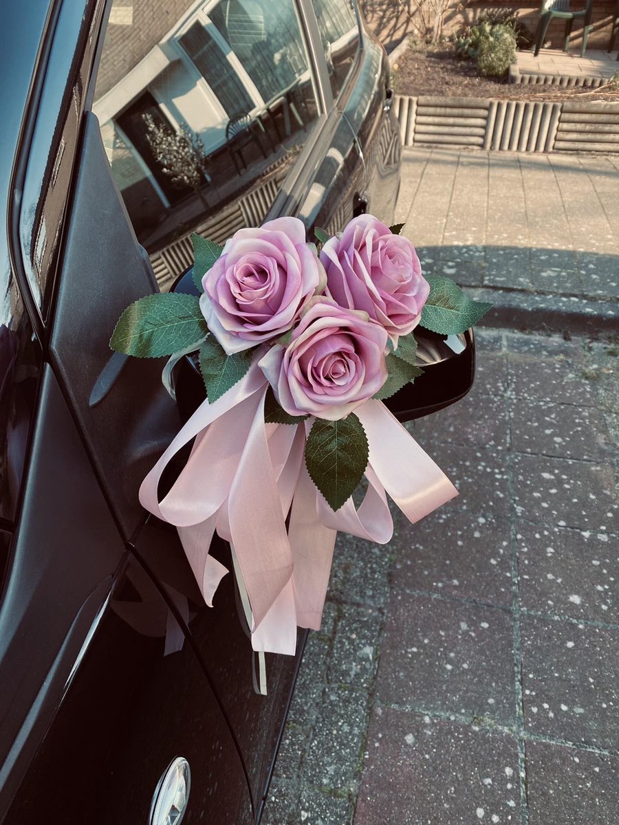 MIA OUD ROZE Trouwauto Versiering Rozen met Linten - Bloemen op de Auto Bruiloft - Buitenspiegels Decoratie - Trouwerij/ Huwelijk/Bruiloft Decoratie/ Versiering Spiegel Auto/ Autoversiering voor Volgautos