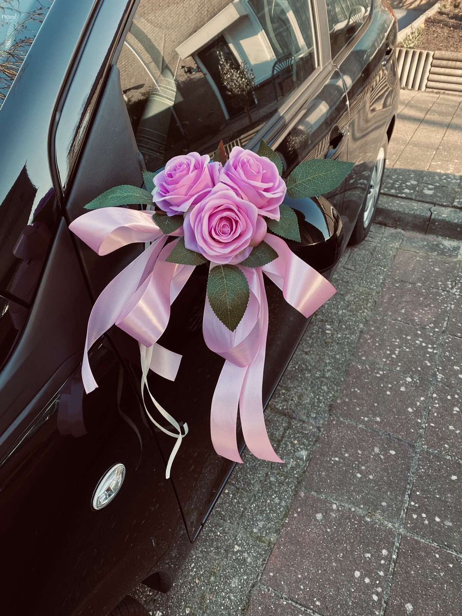 MIA ROZE Trouwauto Versiering Roze Rozen met Linten - Bloemen op de Auto Bruiloft - Buitenspiegels Decoratie - Trouwerij/ Huwelijk/Bruiloft Decoratie/ Versiering Spiegel Auto/ Autoversiering voor Volgautos