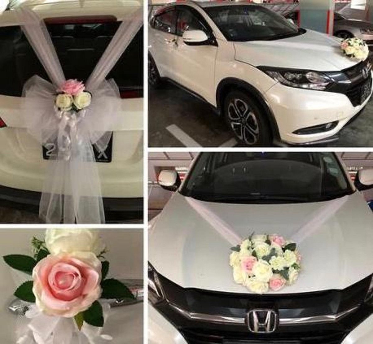 VARIA Luxe Trouwauto Versiering Bruiloft Decoratie - Bloemstuk op de Motorkap Huwelijk - Autodecoratie Rozen met Tule - Bloemen op de Auto