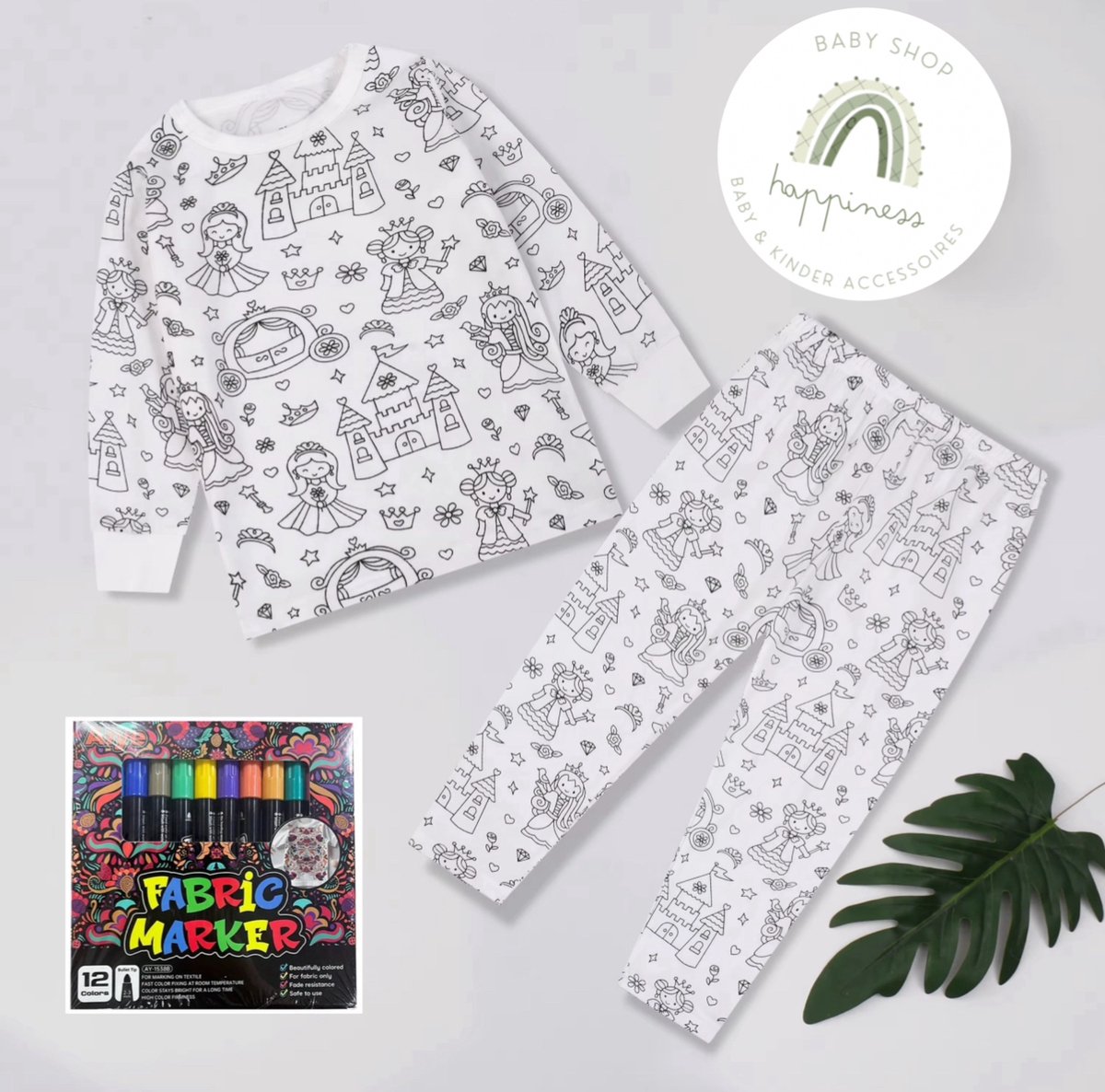 Prinses Pyjama - maat 110 - 3 jaar - DIY - om zelf in te kleuren - met 12 textielstiften - cadeau - feestdagen