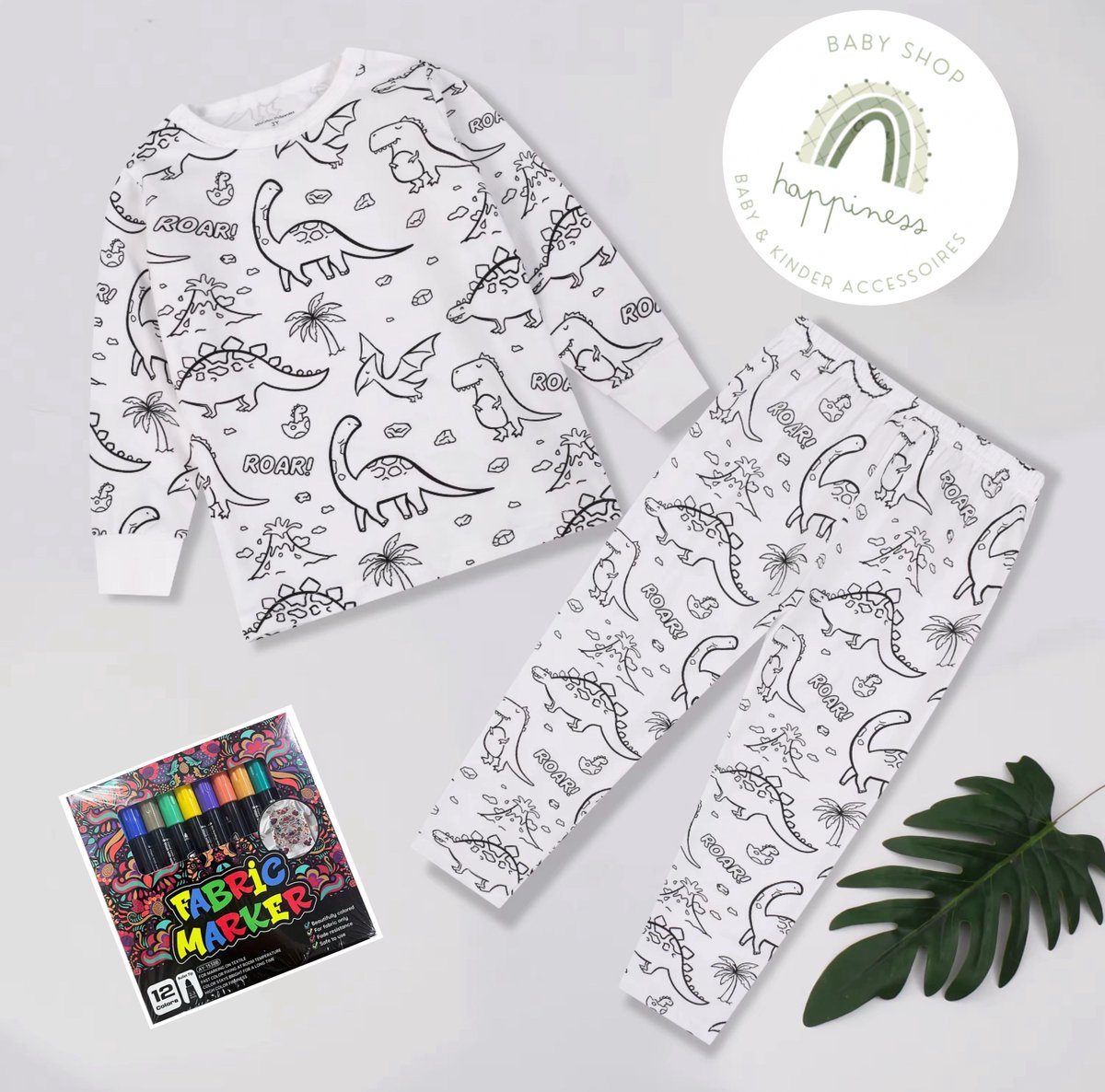 Pyjama Dino - Dinosaurus - om zelf in te kleuren - cadeautip - verjaardag - met 12 textielstiften - maat 116 - 5 jaar