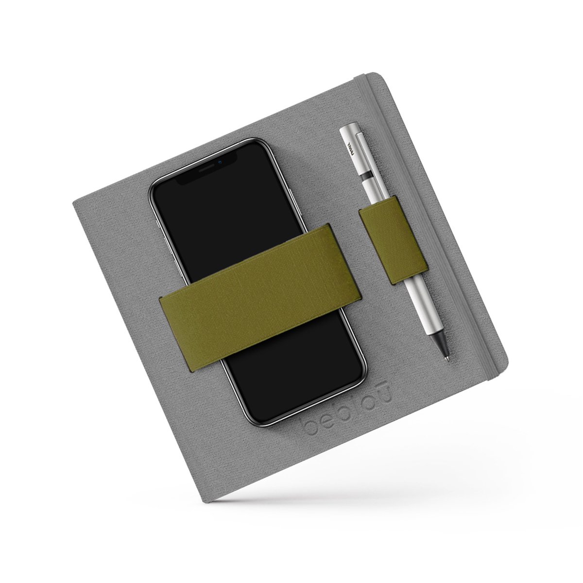 Beblau - FLEX notitieboek *lined* met elastische band/organizer met ruimte voor bijv. pen en telefoon -  perfect voor op reis, werken op locatie, vergaderingen, school - DONKER GRIJS - OLIJFGROEN - LINED - HARDCOVER