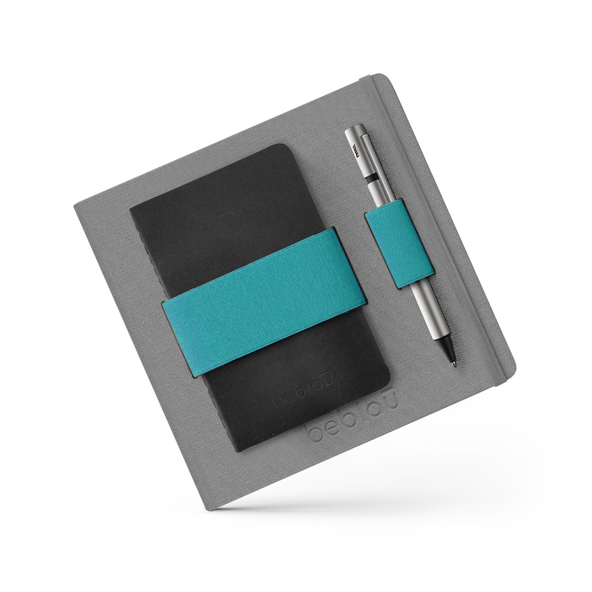 Beblau - FLEX notitieboek *lined* met elastische band/organizer met ruimte voor bijv. pen en telefoon -  perfect voor op reis, werken op locatie, vergaderingen, school - GRIJS / TURQUOISE - GELINIEERD - HARDCOVER