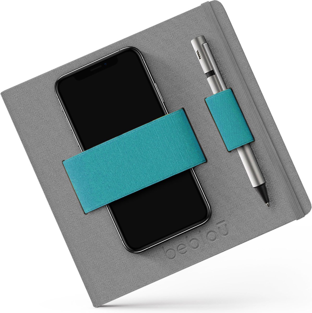 Beblau - FLEX notitieboek/bulletjournal *dotted* met elastische band/organizer met ruimte voor bijv. pen en telefoon -  perfect voor op reis, werken op locatie, vergaderingen, school - hardcover - donkergrijs - turquoise