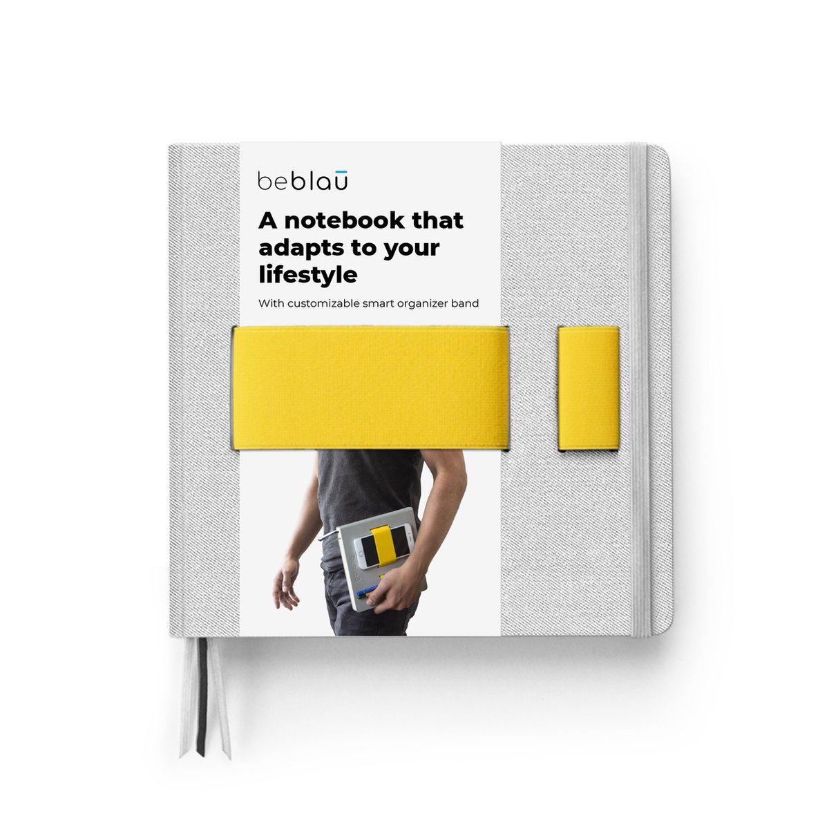 Beblau - Flex notitieboek *lined* met elastische band/organizer met ruimte voor bijv. pen en telefoon -  perfect voor op reis, werken op locatie, vergaderingen, school - grijs/geel - gelinieerd
