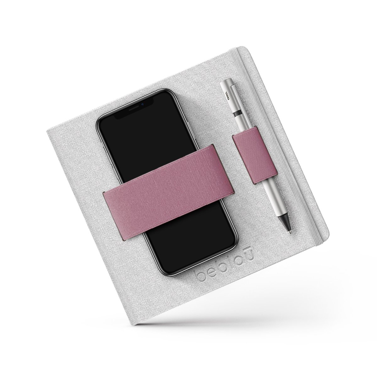 Beblau - Flex notitieboek *lined* met elastische band/organizer met ruimte voor bijv. pen en telefoon -  perfect voor op reis, werken op locatie, vergaderingen, school - grijs/zachtpaars - gelinieerd