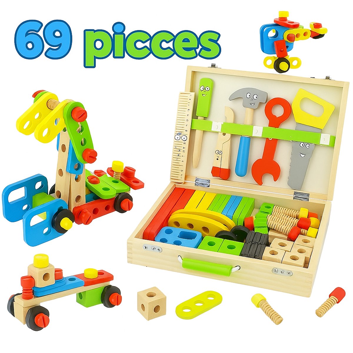 Best4Juniors Houten Gereedschapskist 69-delig – Educatieve Werkbankset (8+) – Creatief & Veilig Bouwplezier