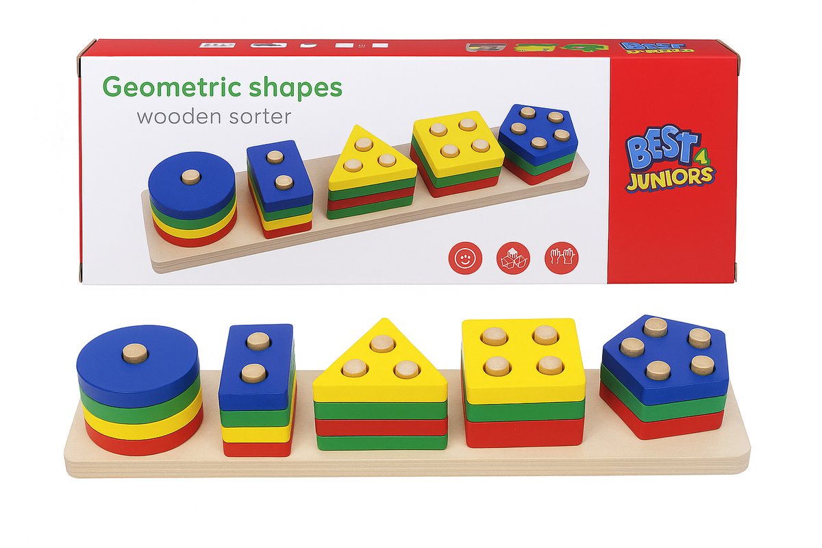 Best4Juniors Houten Vormen Sorteerbord – 5 vormen & 5 kleuren – Educatief Blokkenbord (Vanaf 1 Jaar)