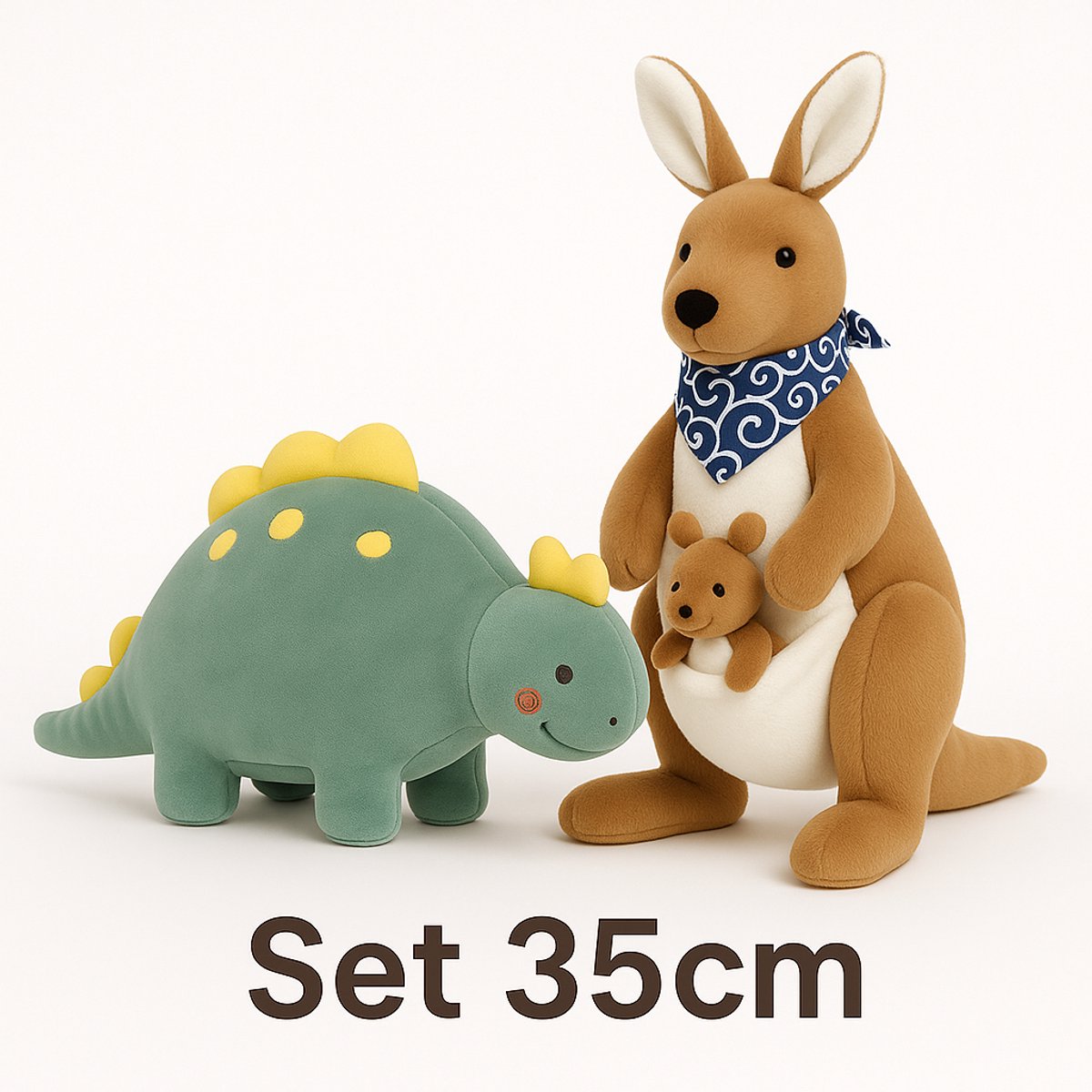 Fluffy Dino & Kangoeroe Knuffelset (35 cm) – Superzacht, Veilig & Cadeauklaar – Dubbel Speelplezier voor Kinderen