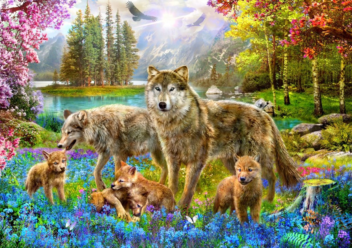 Springtime Wolf Family