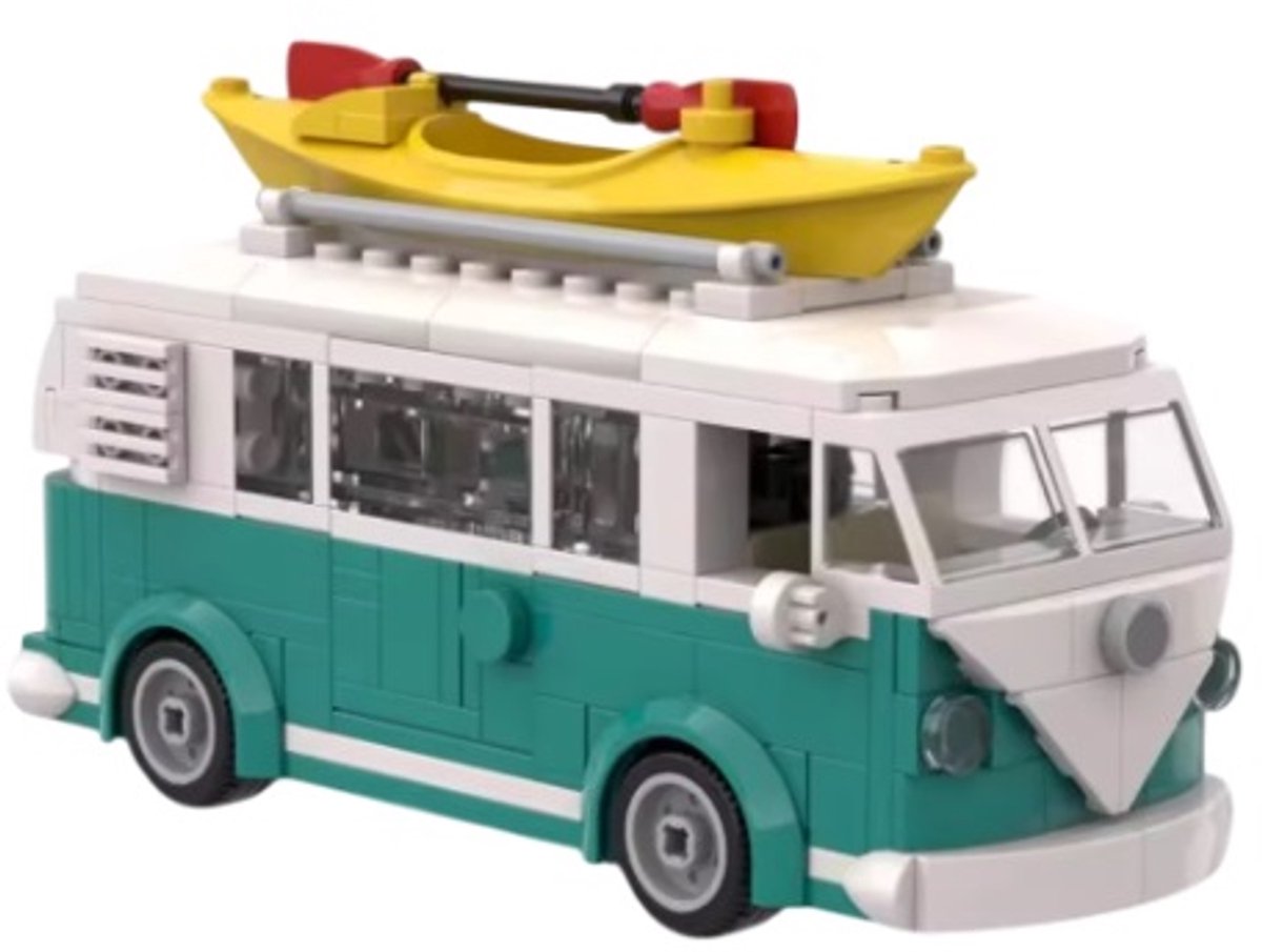 bricksNblocks ® bouwblokjes VW T1 turquoise camper met kano, ca. 310 blokjes, compatible met standaard bouwblokjes