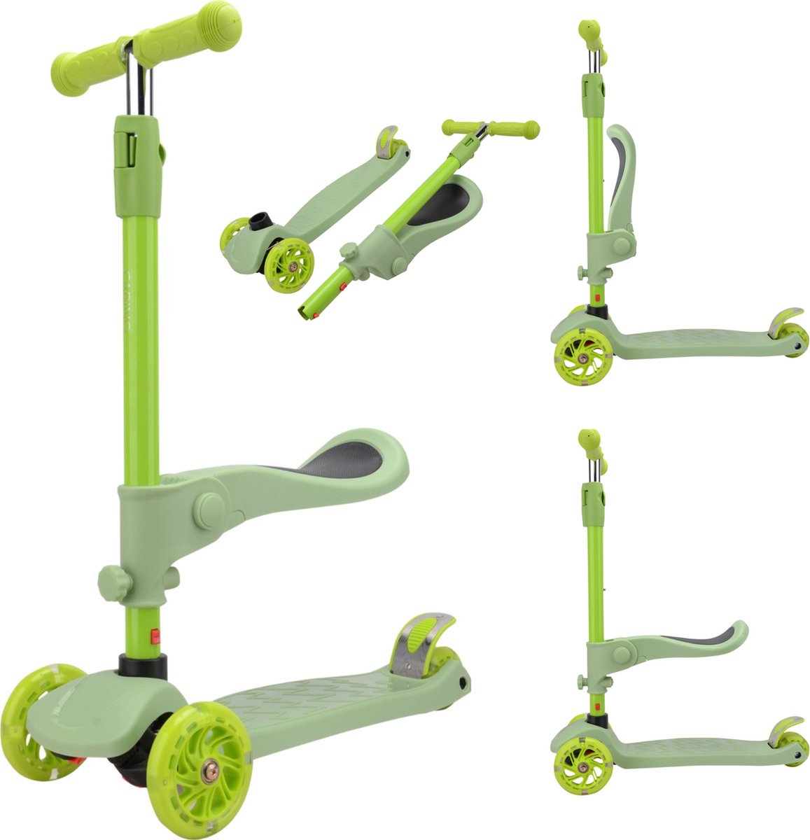 Cabino Kinderstep Met 3 Wielen Inklapbaar & Met Zitting (Vanaf 2 Jaar) Lichtgevende Wielen - Olijfgroen
