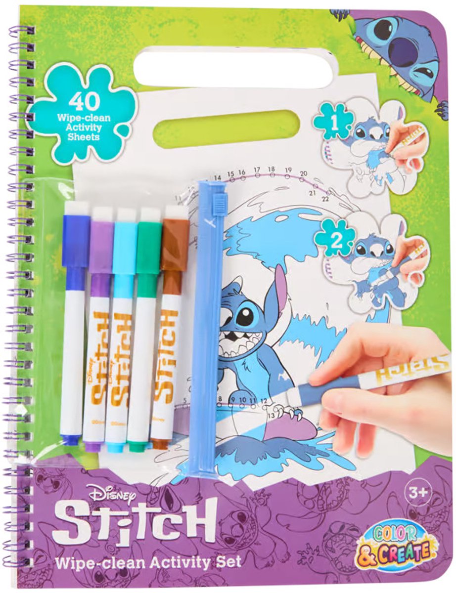 Disney Stitch - Wipe clean activity set - color & create - 40 blz uitwisbare spelletjes en kleur paginas - 5 stiften met wisser - afwasbaar uitwisbaar - herbruikbaar spellenboek