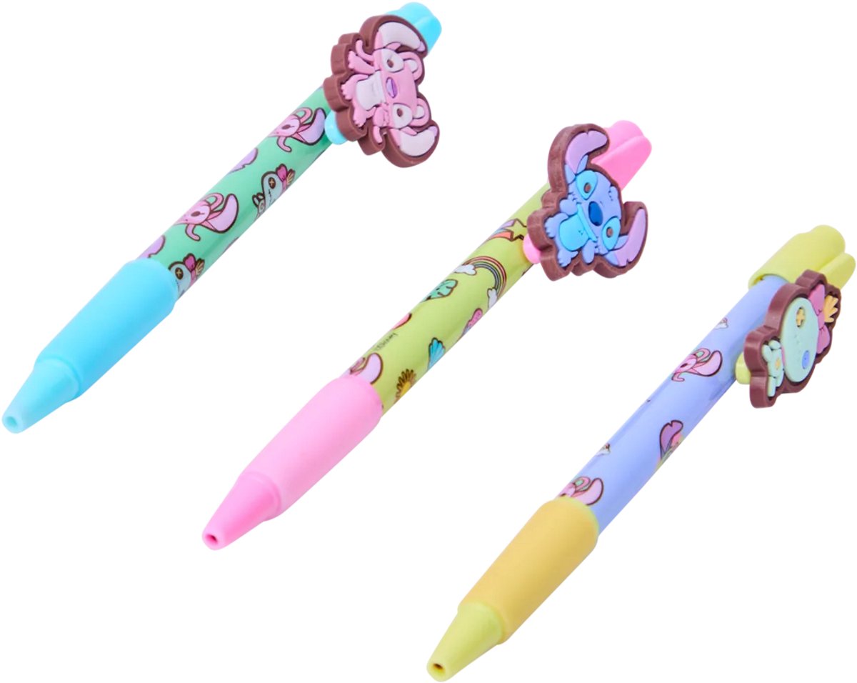 Disney Stitch gelpen - 3 gelpennen Lilo&Stitch - Angel en Scrump - pastel geel roze groen - 3+ - blauw schrift
