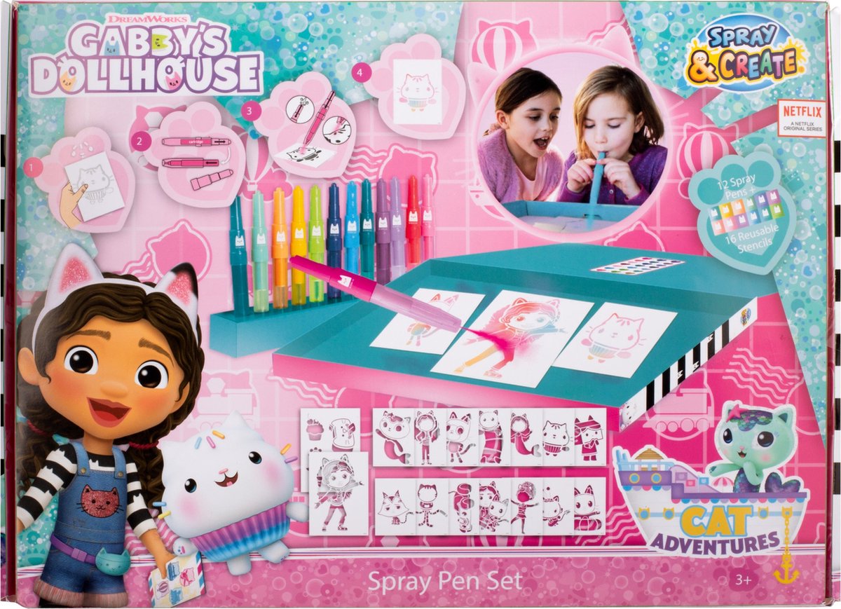 Gabbys Dollhouse - Spray Pen Set Desktop Box (GD23368) - Kleurstiften voor Kinderen - Tekenset met Gekleurde Blaas Pennen en Tekensjablonen