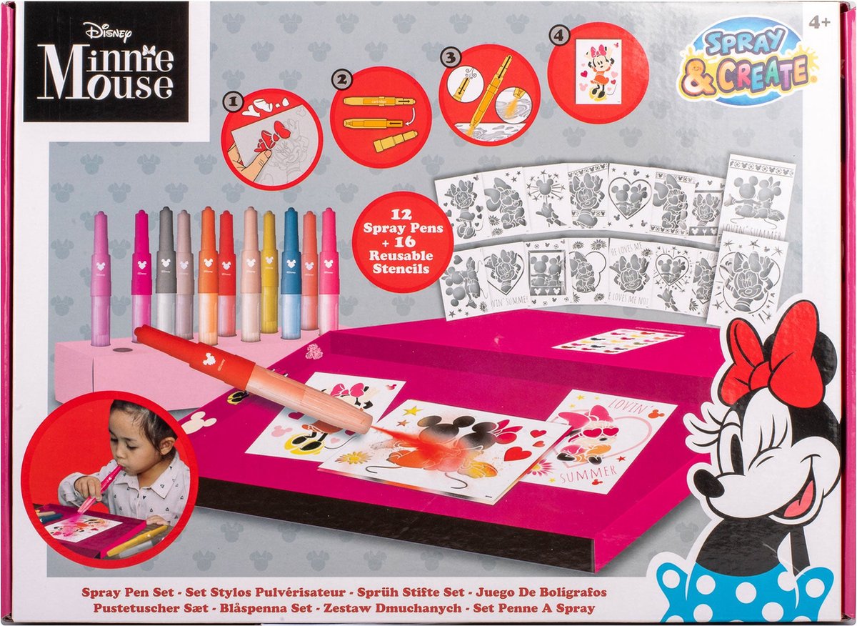 Minnie Mouse - Spray Pen Set Deluxe (MM22368) - Kleurstiften voor Kinderen - Tekenset met Gekleurde Pennen en Tekensjablonen