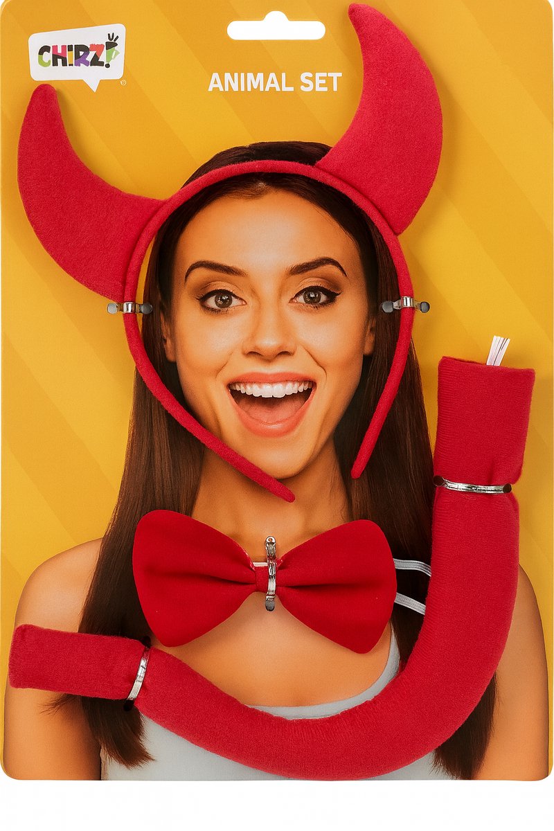 3-delig Duivel Verkleed Setje - Hoorntjes Diadeem en staart - Strik - Rood - Duivels - Verkleden als duivel Verkleed accessoires - halloween