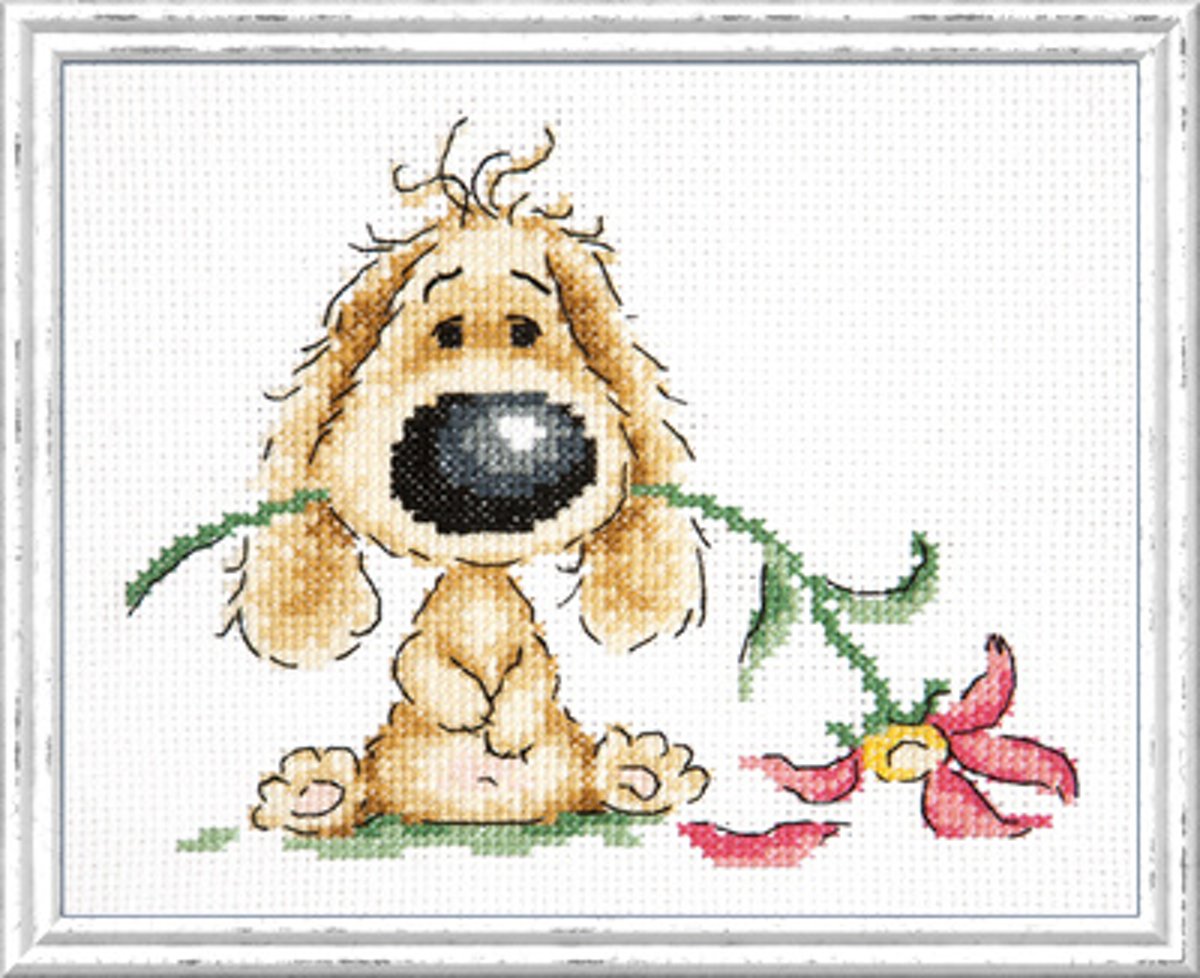 Borduurpakket Puppy Met Bloemen - Chudo Igla