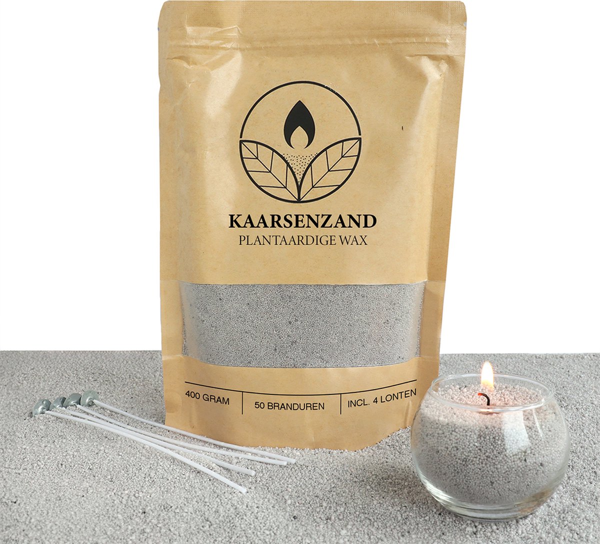 Comforder 400g Kaarsenzand Grijs - Burning Sand - Kaarsen Maken voor Volwassenen - 50 branduren - Met 4 lonten