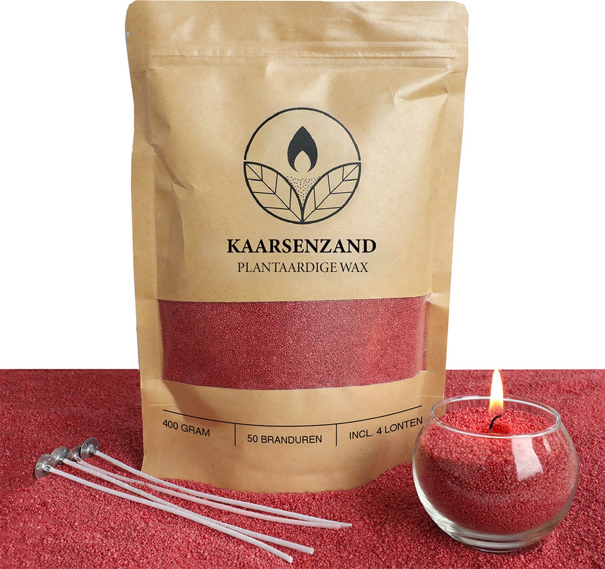 Comforder 400g Kaarsenzand Rood - Burning Sand - Kaarsen Maken voor Volwassenen - 50 branduren - Met 4 lonten